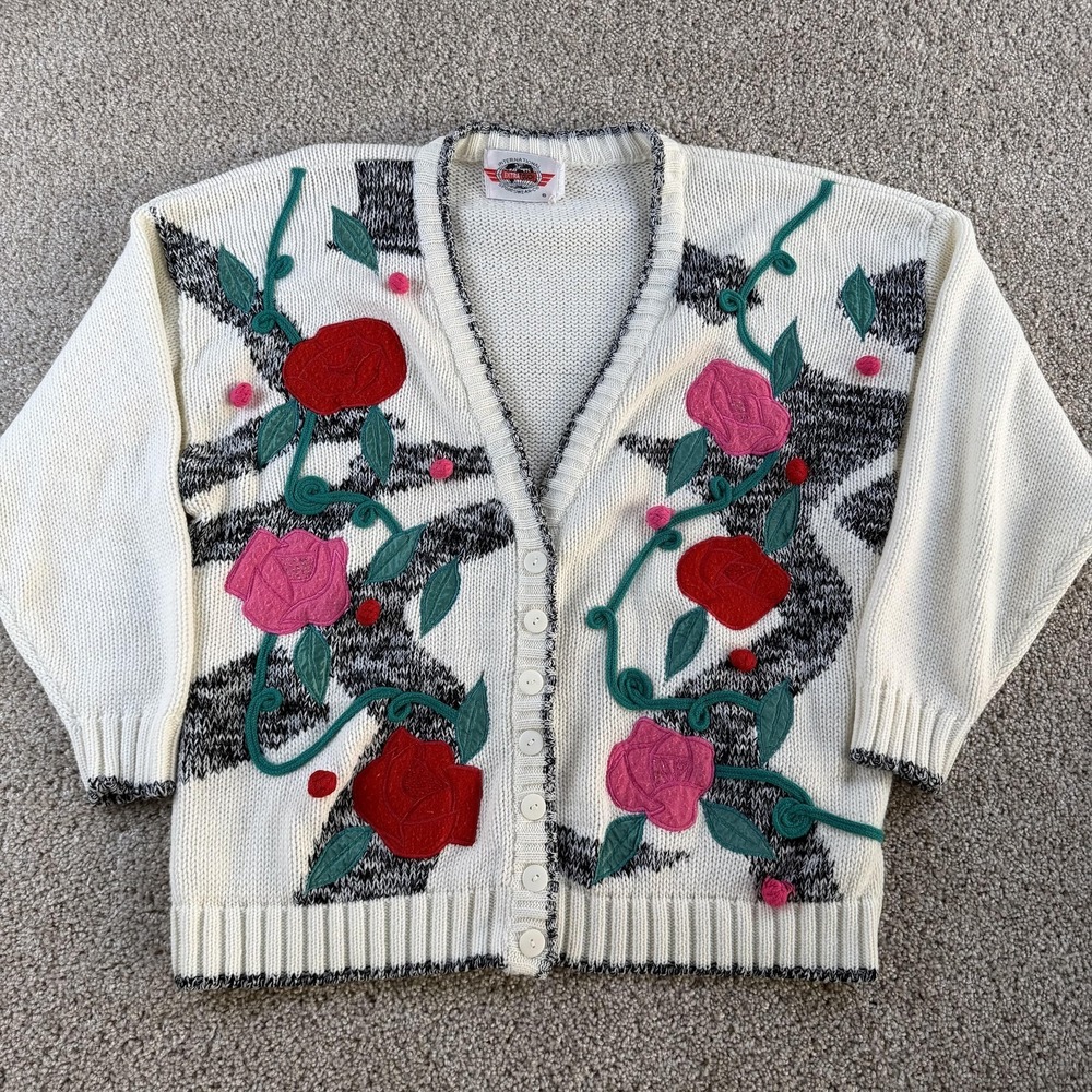 Vintage Extra Touch Cardigan Sweater Womens Large Rose Embroidered Chunky-Knit